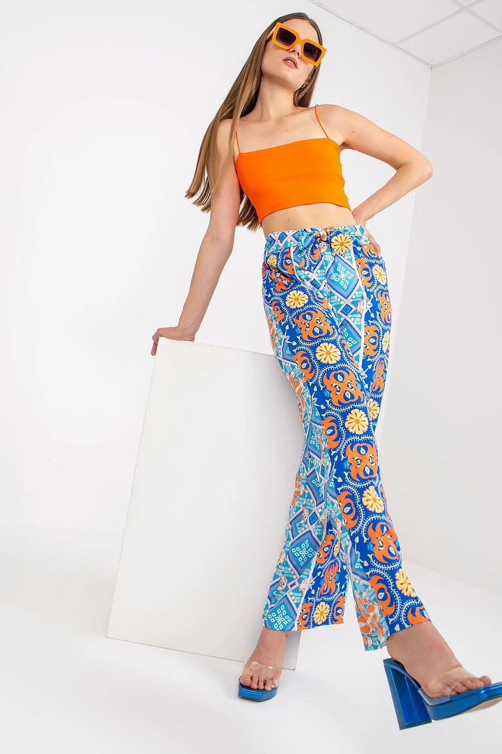 Pantalon femme Italy Moda haute taille jambes larges elastique lien design floral geometrique vert rose bleu blanc summer Casual