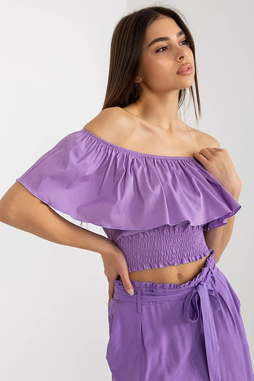 haut court bardot bohème coton extensible léger fluide volant généreux épaules dénudées smockée taille haute short paperbag ceinture nouée lilas