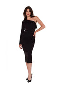 Robe de soirée Makover asymétrique épaule nue manche longue décolleté plongeant noir tissu extensible ajusté femmes
