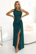 robe longue soirée asymétrique vert émeraude scintillante lurex moulante drapée fente haute latérale bijou décoratif taille cintrée polonais