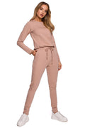 Ensemble de jogging pour femme en coton élasthanne beige rosé deux pièces manches longues taille élastique pantalon fuselé