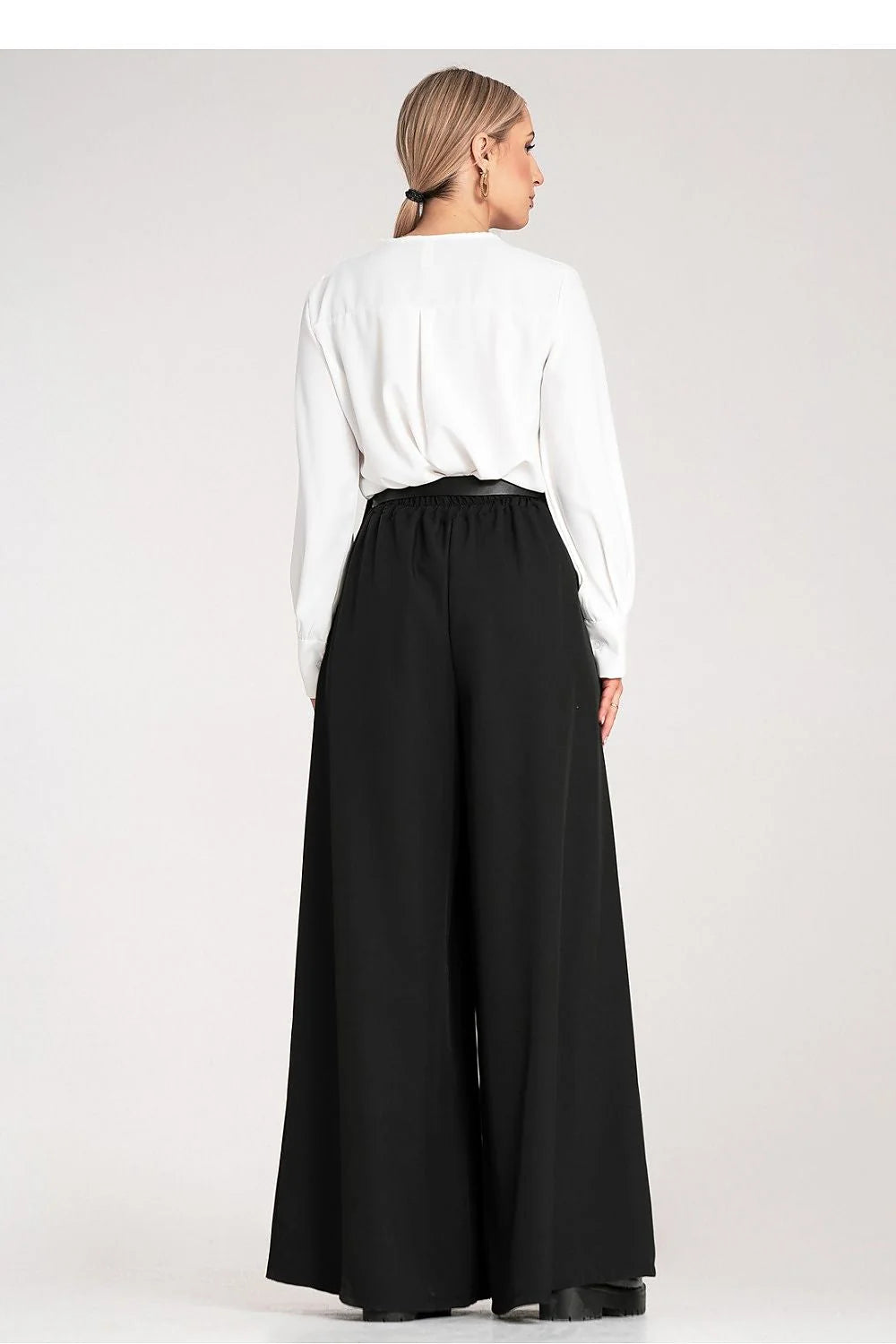 Pantalon femme Figl élégant noir ceinture boucle dorée chemisier blanc V-neck longues manches polyester elasthanne