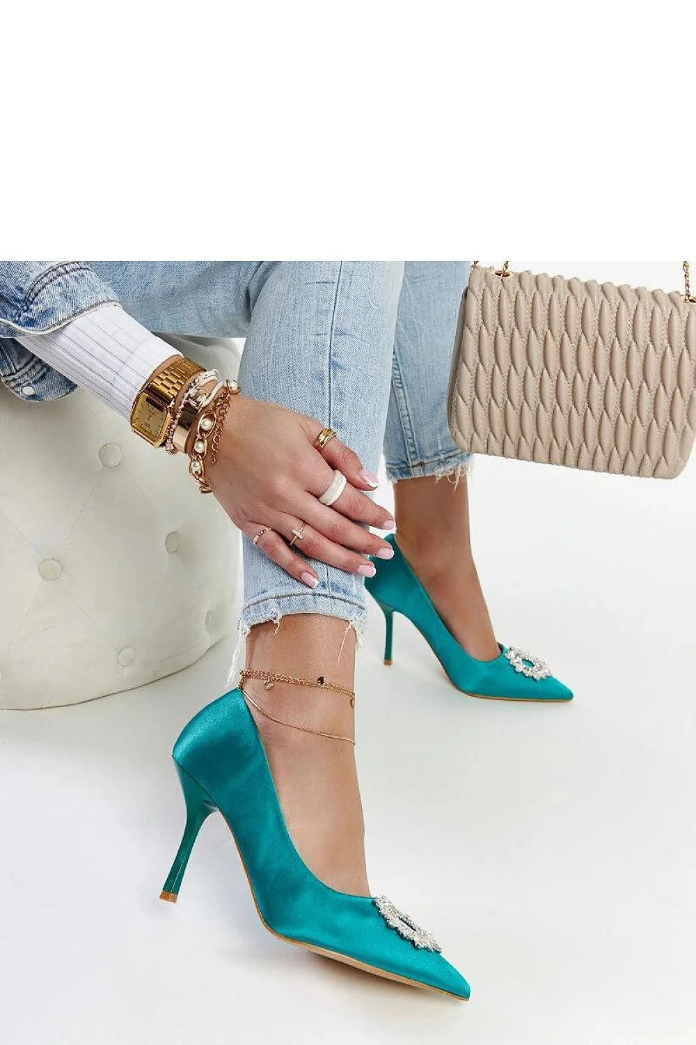 Escarpins talons hauts Solea bleu turquoise satin fleurs cristaux pointu soirée femme élégance occasion spéciale mode