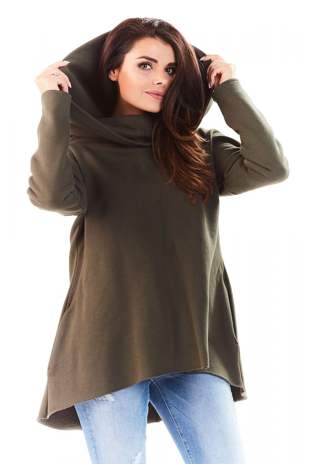 Sweatshirt femme coton ample décontracté capuche large manches longues vert kaki pour style moderne