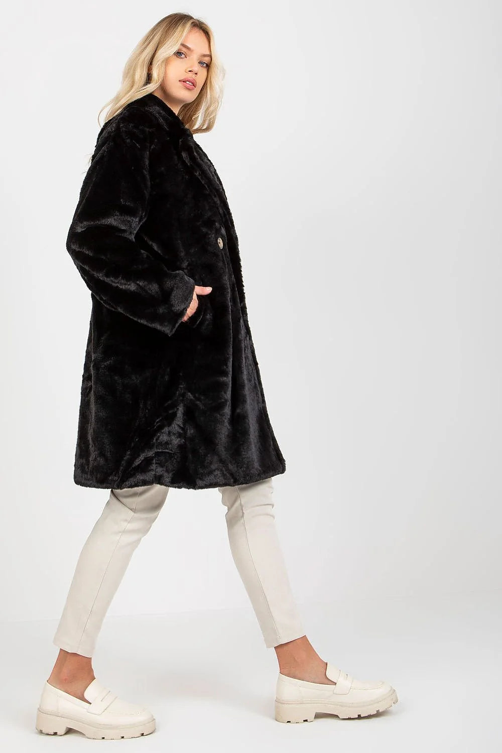 Manteau pour femme élégant long fourrure fausse noire manches longues col large double bouton poches latérales polyester intemporel