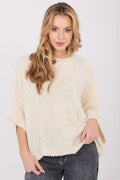 pull oversize femme maille bouclée crème col rond manches trois quarts boxy fentes latérales douce pelucheuse chaleureuse polyvalente