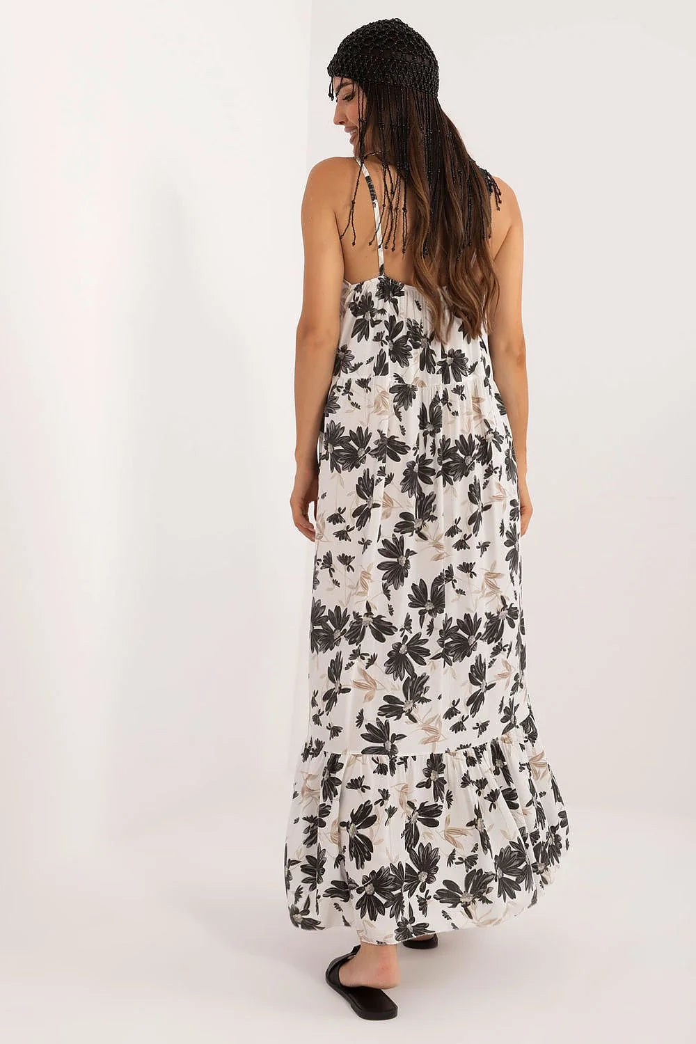 Robe d'été longue à imprimé floral en viscose coupe midi bustier épaules nues volant dentelle occasion décontractée