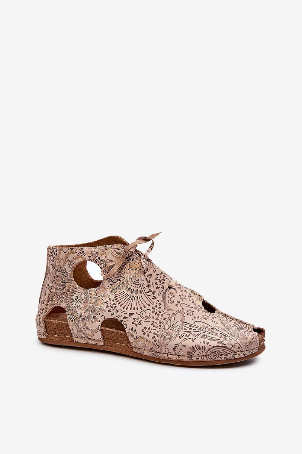 Sandales bohème femmes tige cuir floral gravé beige ouvertes lacées semelle liège confort occasions décontractées été