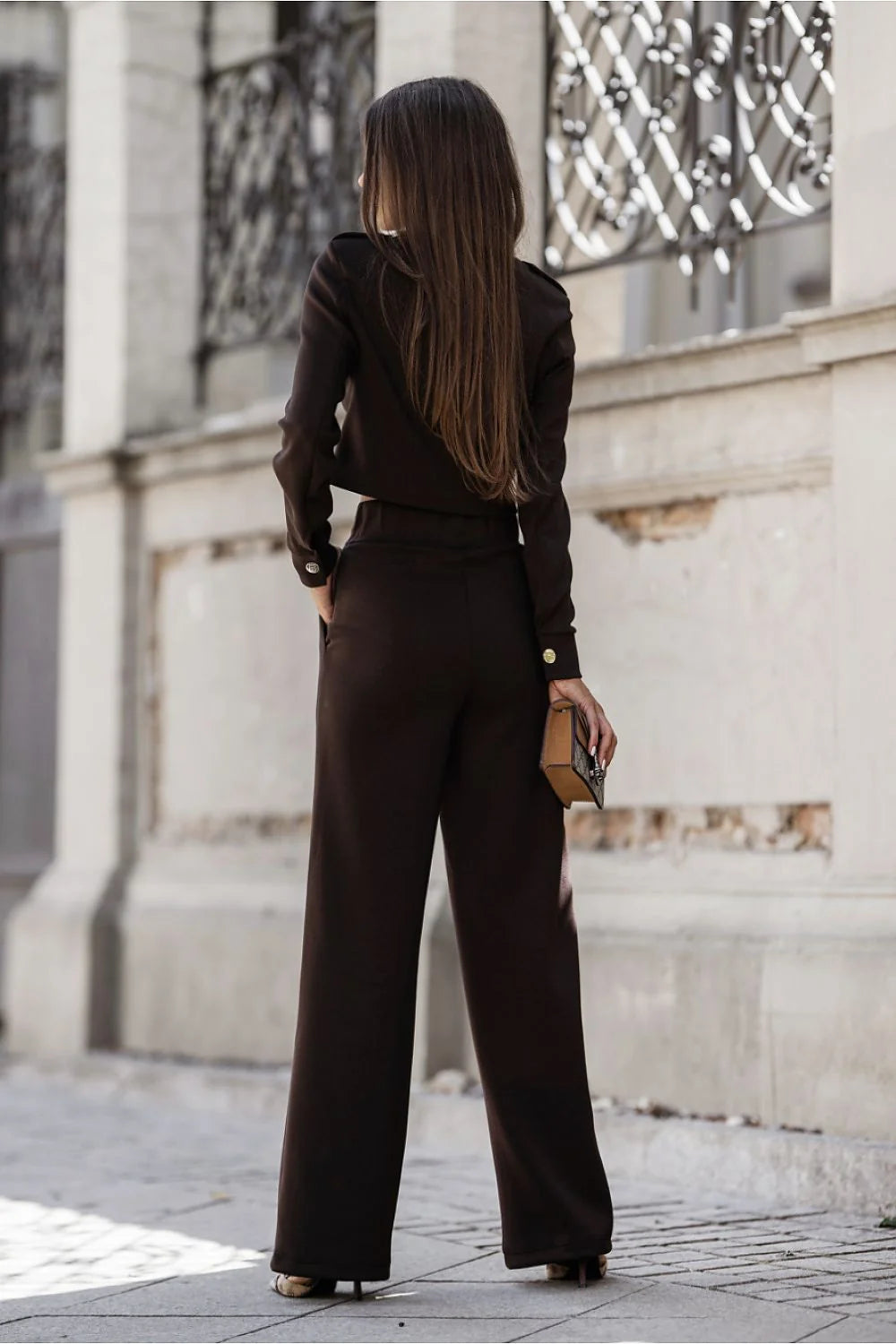 ensemble femme carmen bronze crop top manches longues maille épaisse pantalon taille haute jambes larges boutons métalliques poches