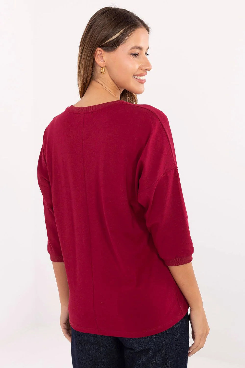 chemisier femme bordeaux manches trois quarts coupe ample jersey doux coton élasthanne motif argenté rectangle plumes décontracté confortable polyvalent