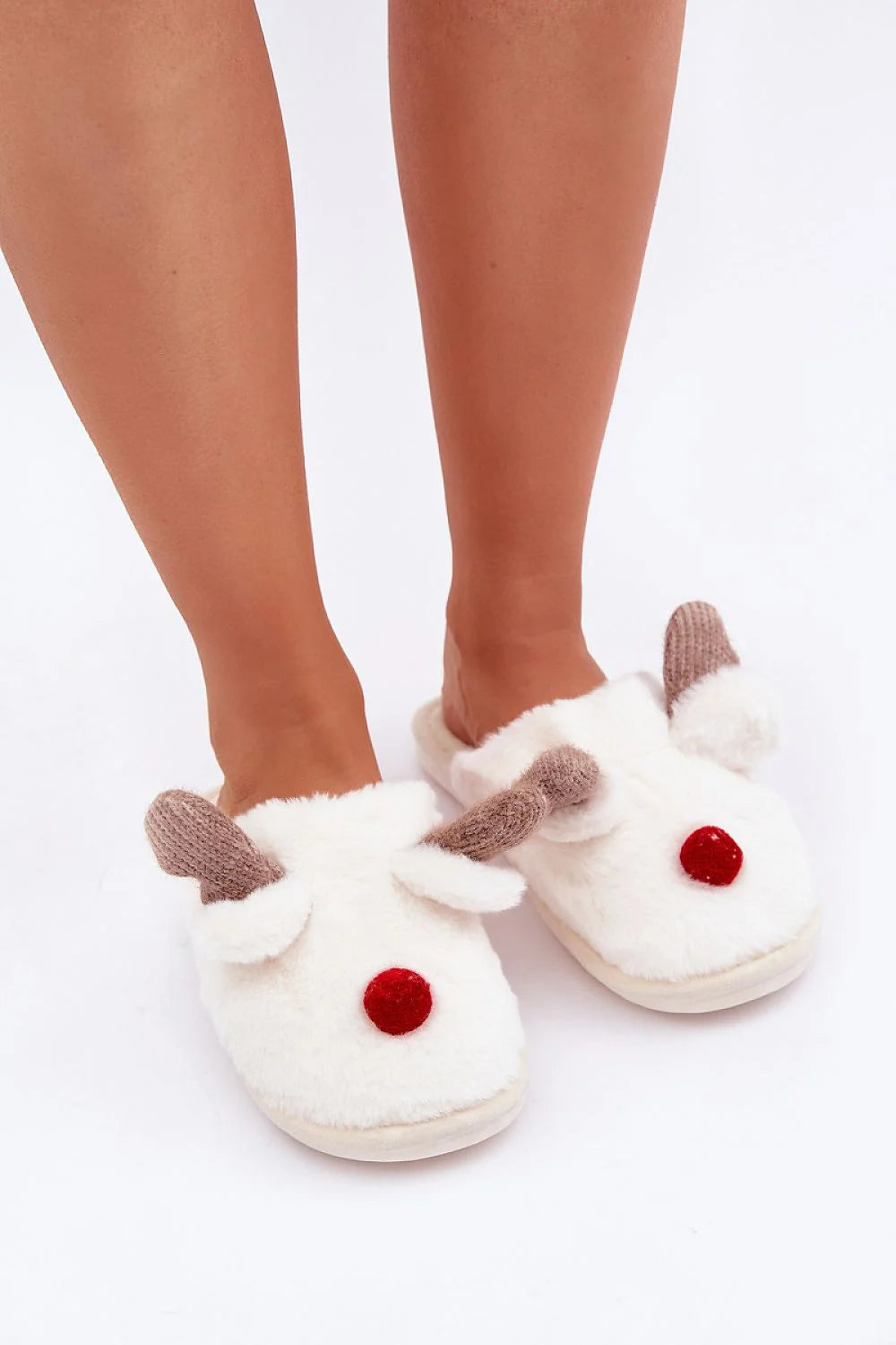 Pantoufles pour femme en textile pelucheux motif renne doux et confortable Noel hiver ouverture arrière