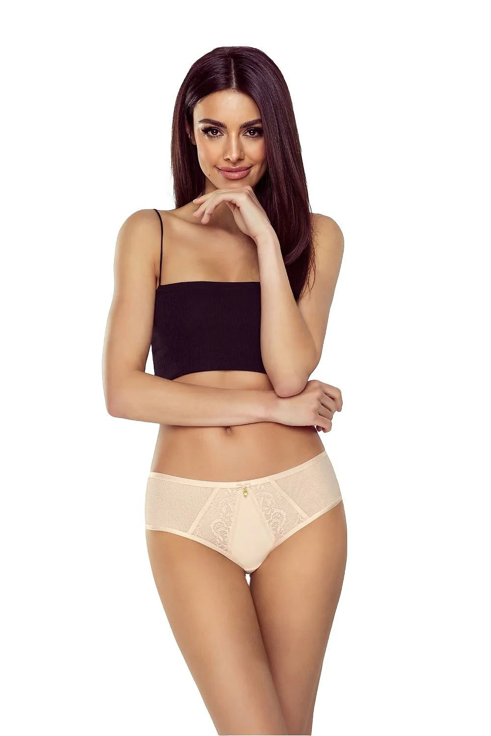 Culotte féminine élégante confortable dentelle microfibre maille stretch taille basse beige doré bijou central doublure coton respirante coupe couvrante