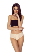 Culotte féminine élégante confortable dentelle microfibre maille stretch taille basse beige doré bijou central doublure coton respirante coupe couvrante