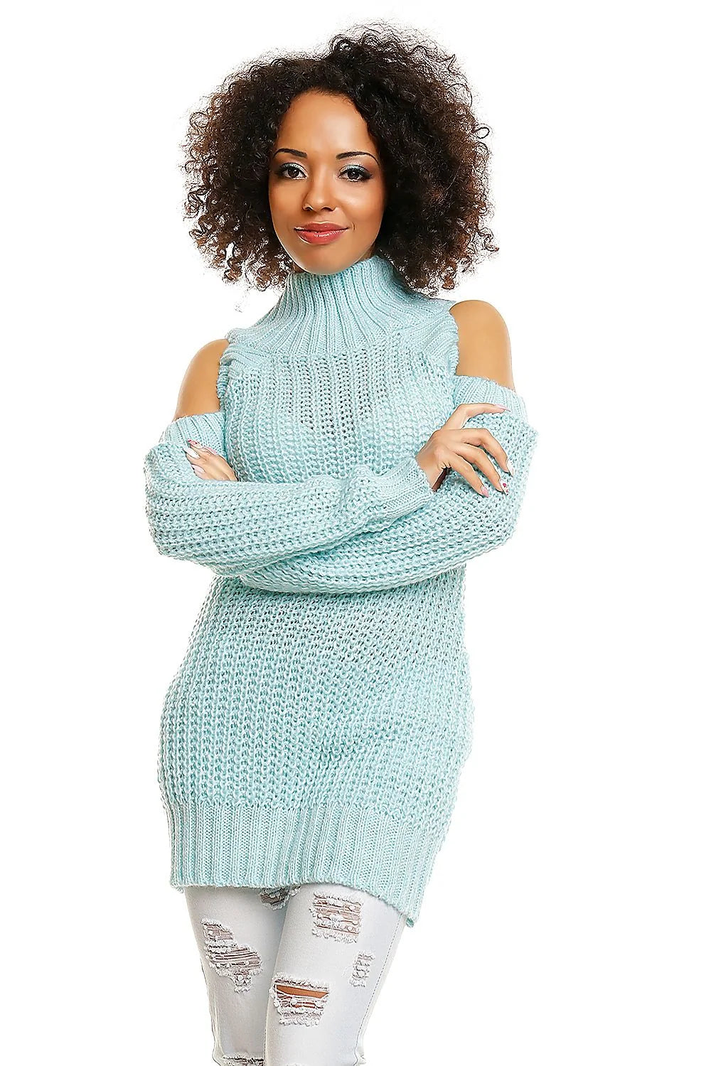 Pull Maille Bleu Clair Épaules Dénudées Chic Confortable Pour Femmes Tendance Hiver Mode Décontractée