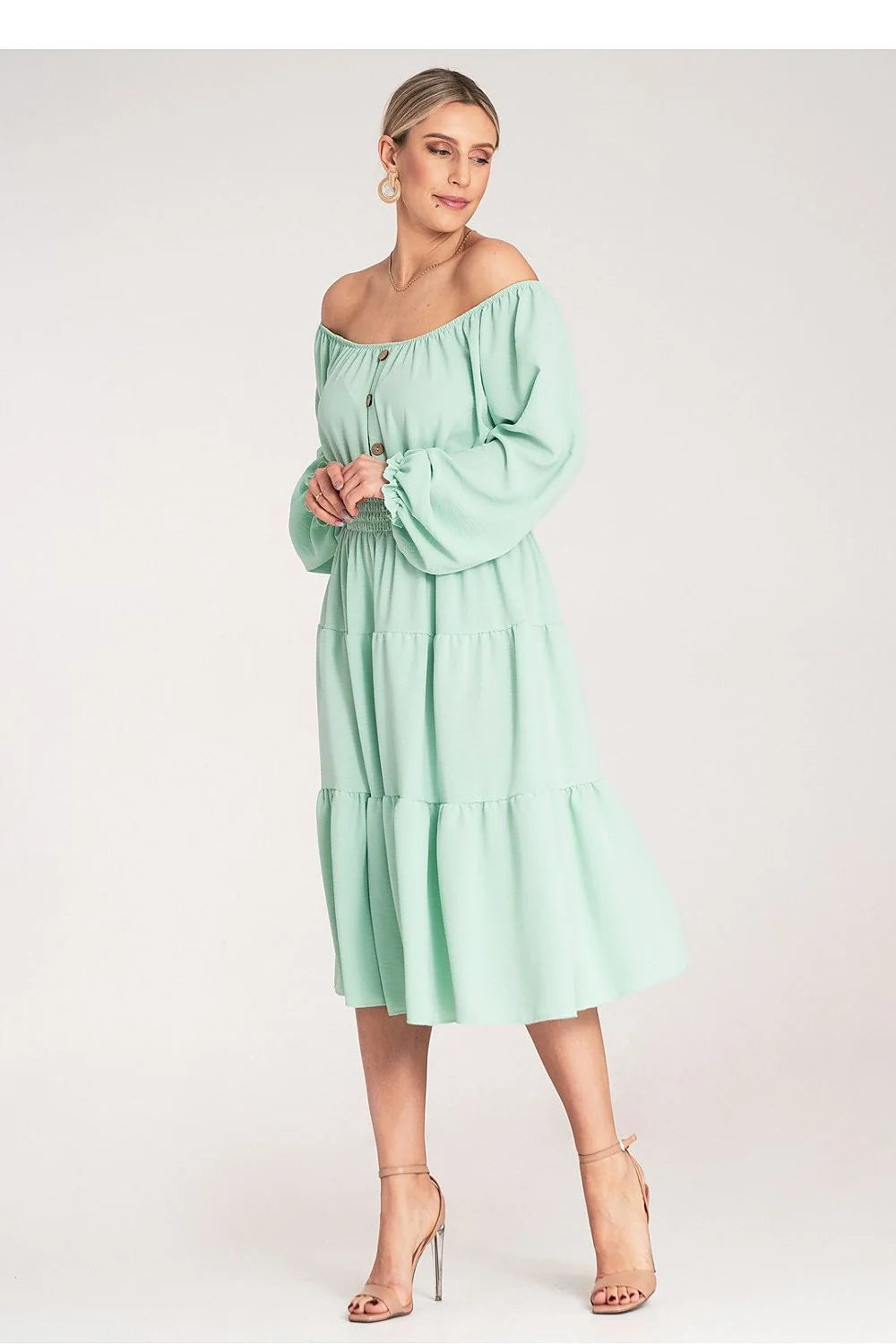 Robe femme vert menthe longue manches bouffantes élastique taille smockée polyester elasthanne occasion estivale mode féminine