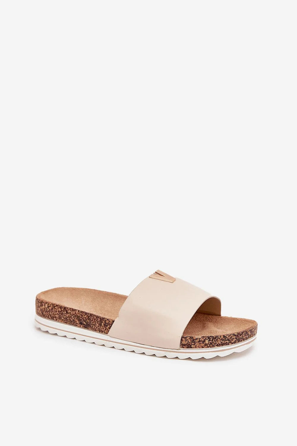 sandales femmes modernes élégantes ouvertes beige doré synthétique bride large ornement décoratif métallique liège anatomique semelle antidérapante confortable minimaliste