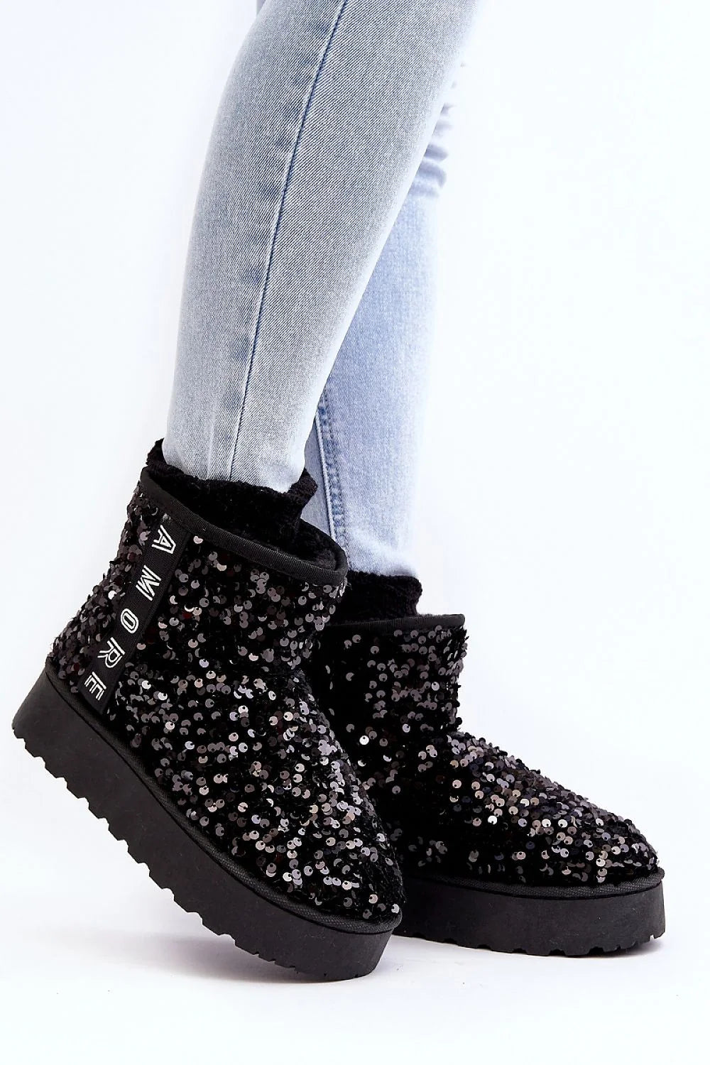 Bottes de neige pour femmes élégantes paillettes noires fourrure synthétique plateforme caoutchouc hauteur 12 cm style moderne AMORE