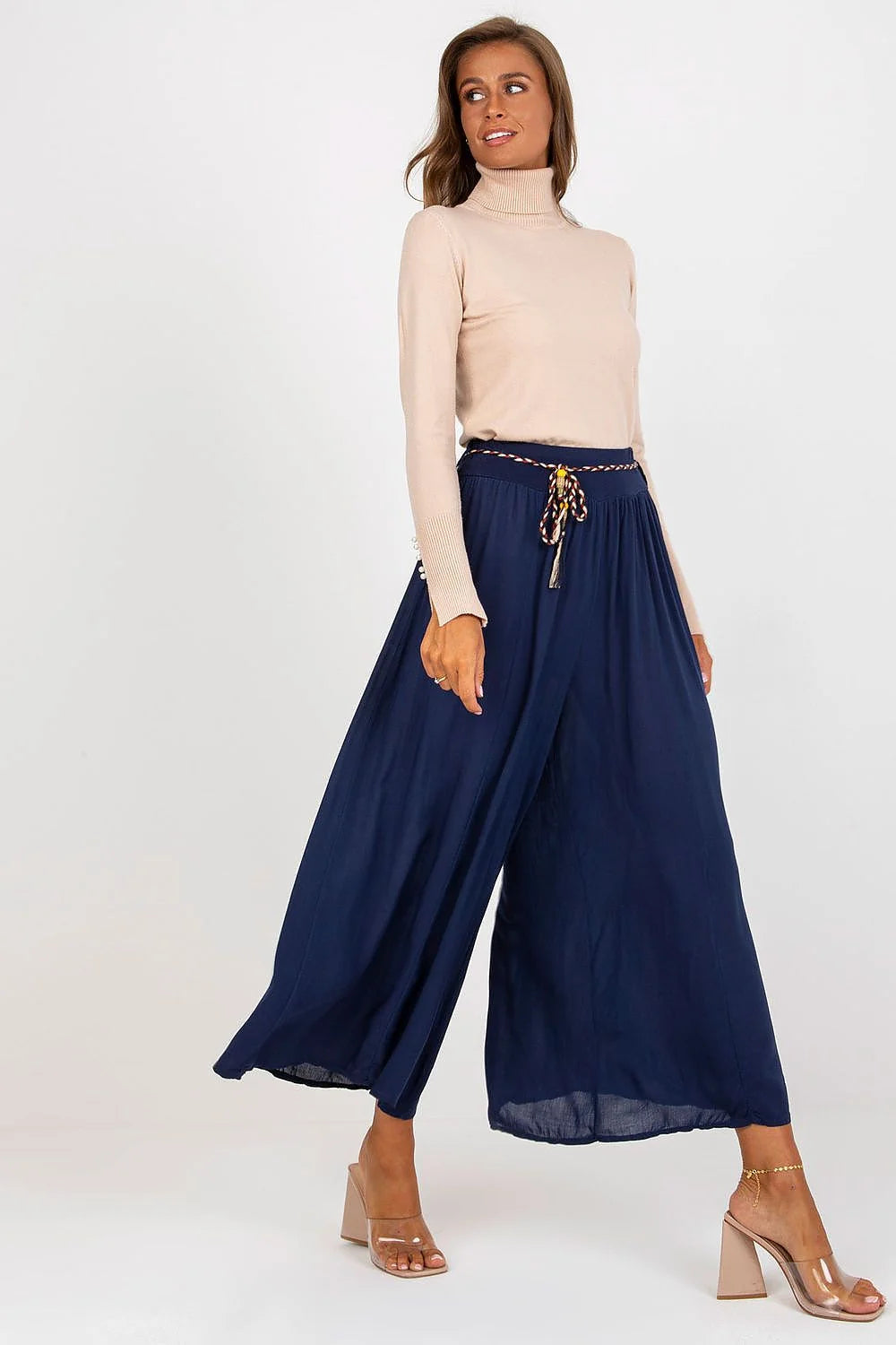 Pantalon femme Och Bella jambes larges ceinture élastique viscose 100% hanches taille ajustable style intemporel élégance féminine