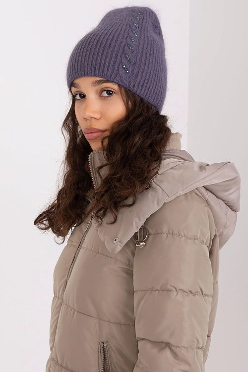 Bonnet et doudoune hiver mode femme design côtelé taupe et mauve douce matelassé col montant