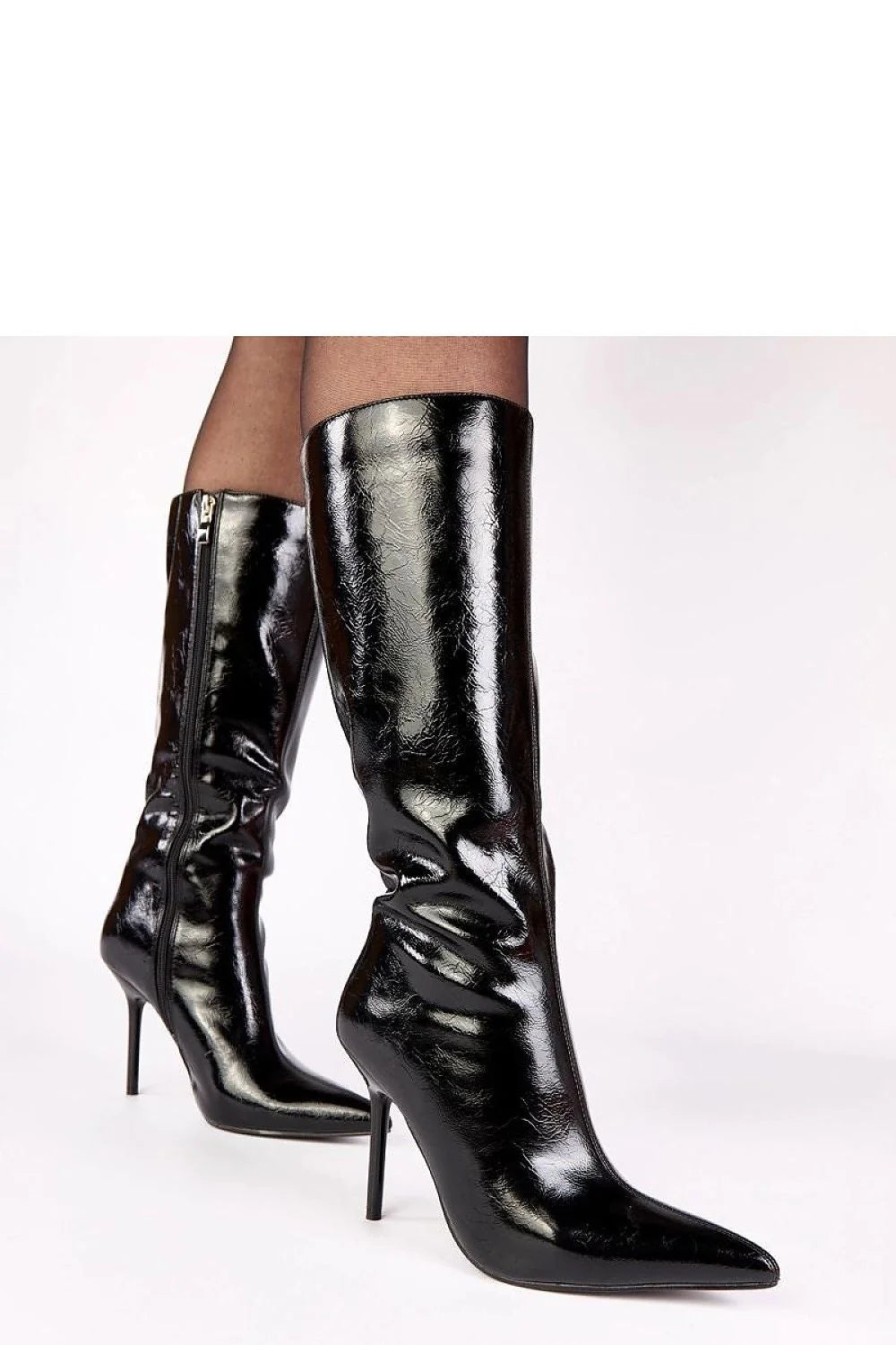 bottes hautes femme simili cuir verni noir tige 32cm froncée fermeture éclair latérale bout pointu talon aiguille 10cm doublure douce