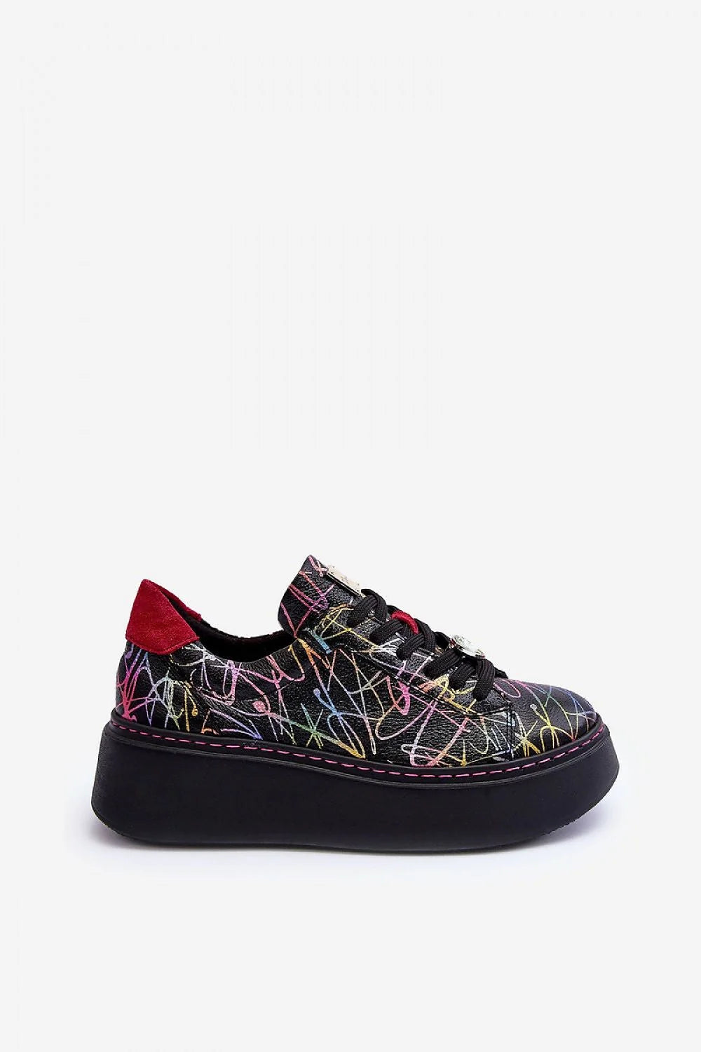 Chaussures de sport femmes design audacieux mode urbaine multicolore motif graffiti simili cuir lisse noire talon renforcé plateforme 2 cm