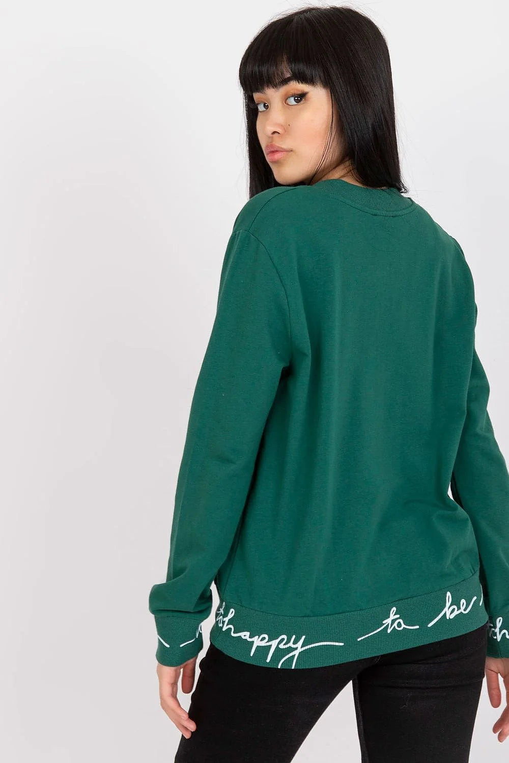 Sweatshirt femme décontracté moderne manches longues vert foncé coton élasthanne ceinture écriture happy tailles S/M L/XL