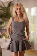 Ensemble femme haut débardeur ajusté jupe-short évasée en coton élasthanne gris charbon taille haute occasionnels sorties