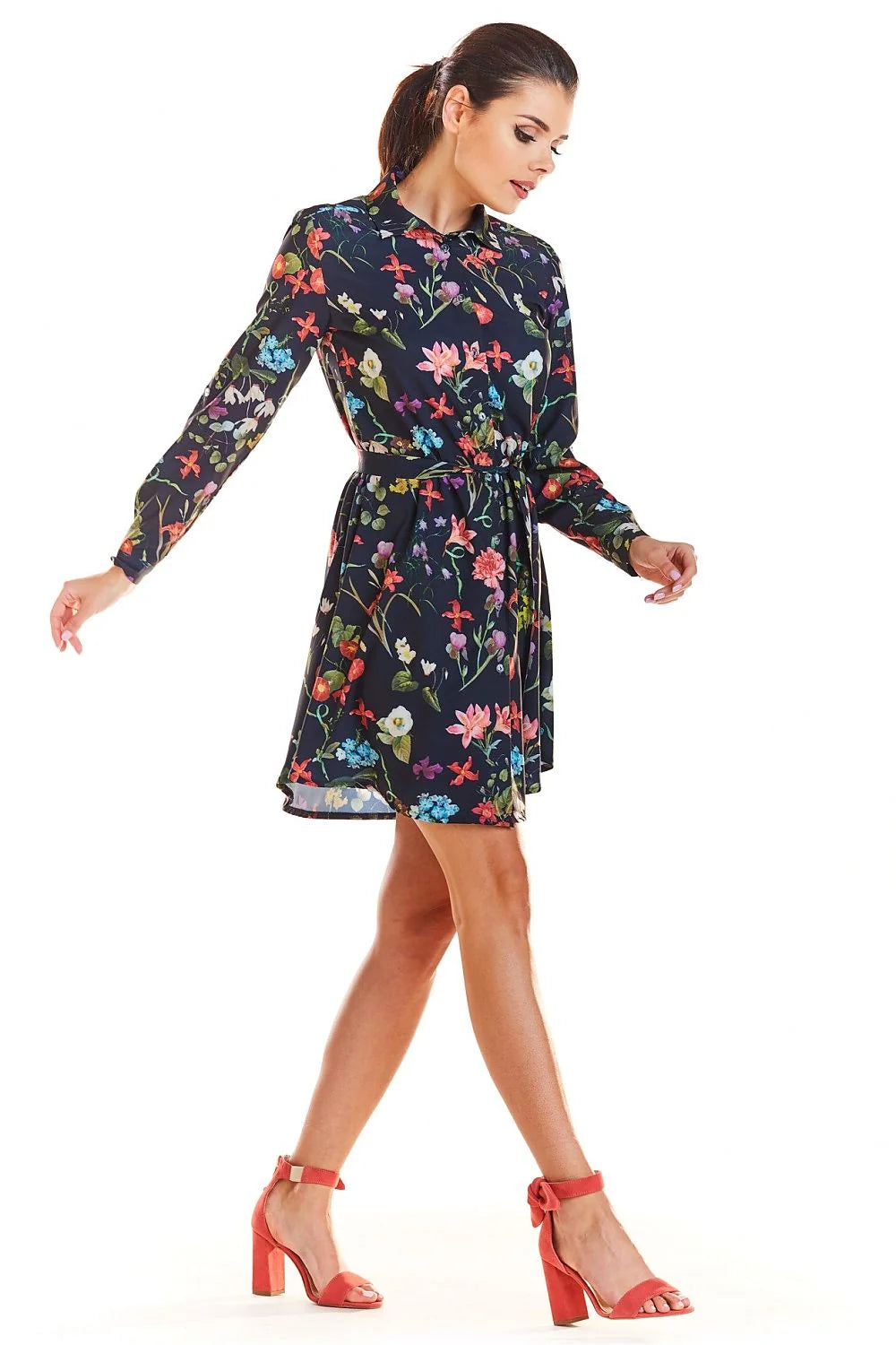 Robe imprimé floral polyester romantique élégante manches longues ceinture asymétrique parfaite journée femme style