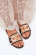 sandales artisanales femme été bohème raphia tressées mules plates ajourées motifs circulaires naturelles beige noir cuir semelle surpiqûres confort respirantes