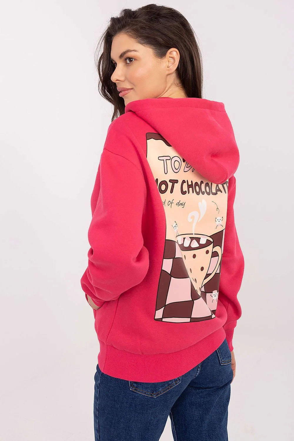 sweatshirt femme fuchsia molletonnée oversize capuche cordons ecru embouts poche kangourou impression poitrine logo dos manches longues bordscotes