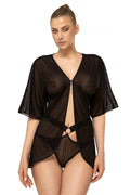 Peignoir en tulle noir transparent sexy manches courtes anneau décoratif pour soirs glamour intimes