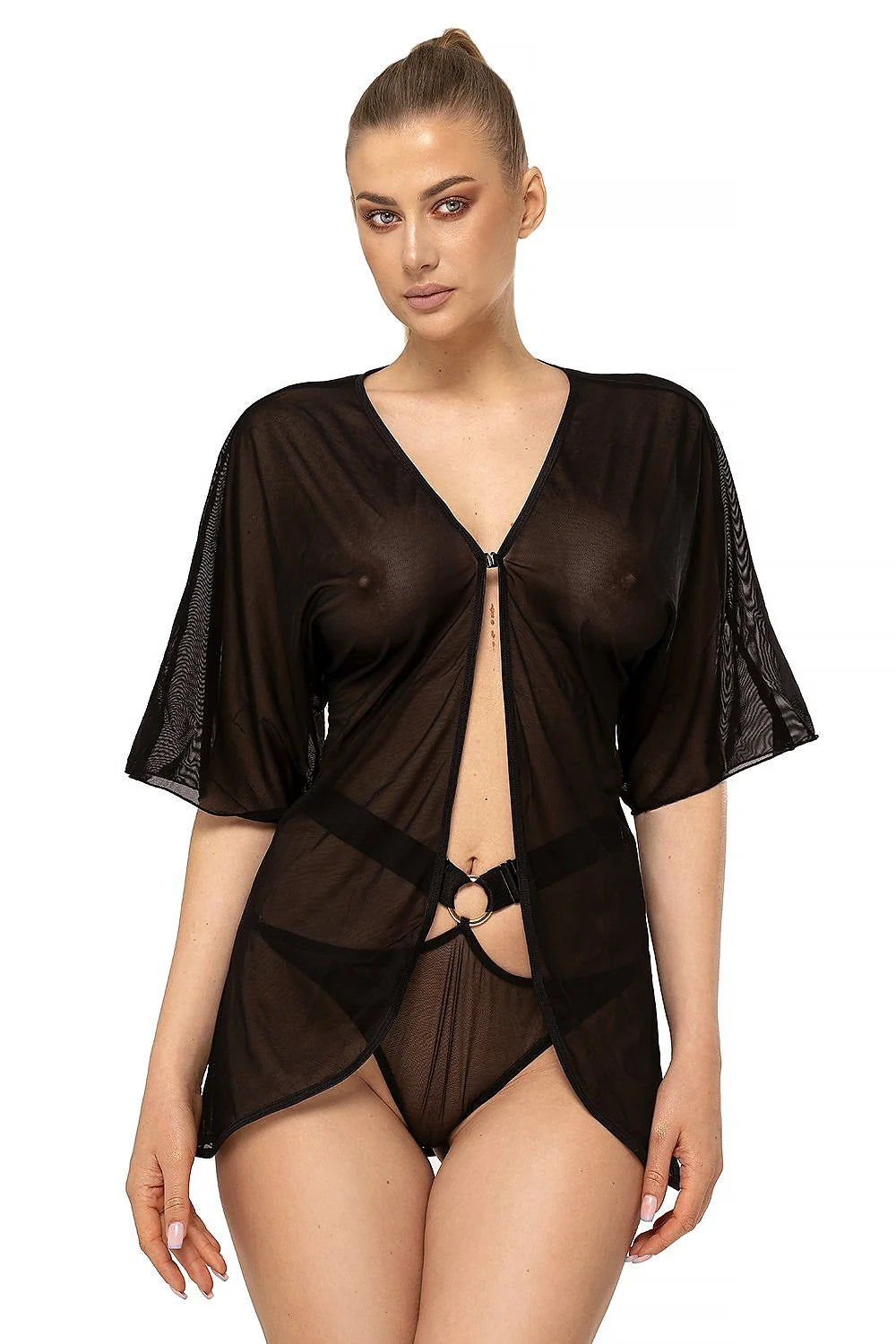 Peignoir en tulle noir transparent sexy manches courtes anneau décoratif pour soirs glamour intimes