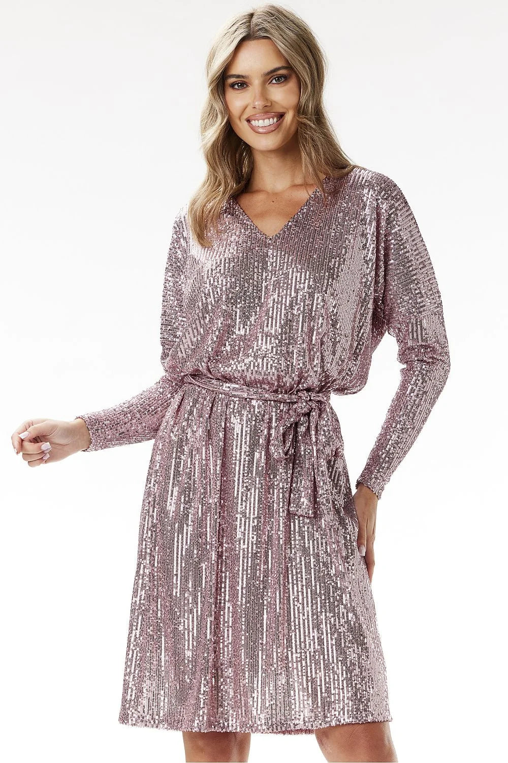 Robe de soirée élégante Awama trapèze sequins rose métallisé V-neck manches longues ceinture ajustable femme