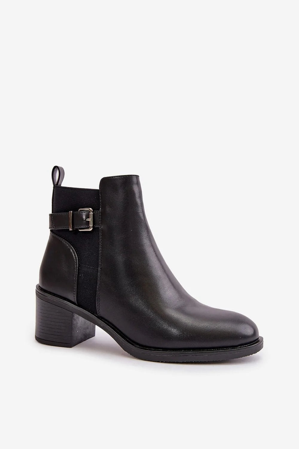 bottines talon carré 5cm cuir artificiel noir lisse chelsea cheville bout arrondi bride boucle argentée semelle caoutchouc confortable ajustable