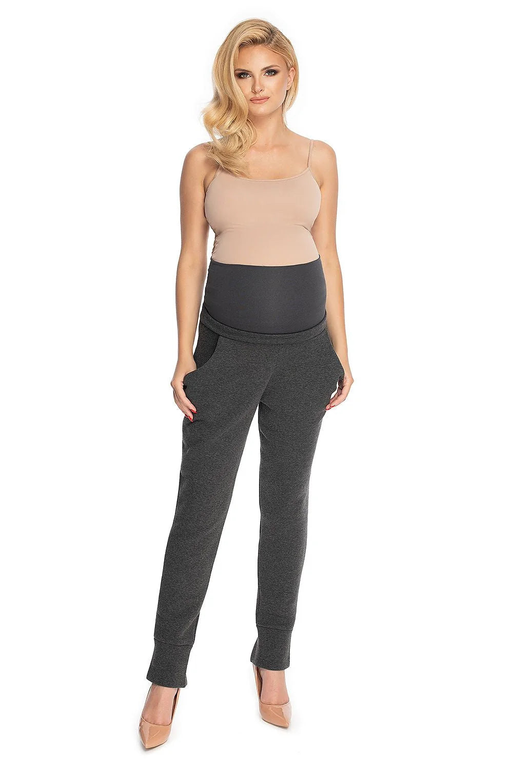 pantalon maternité confortable ceinture élastique bande ventrale haute extensible coupe fuselée chevilles côtelées coton stretch molletonné gris anthracite poches italiennes
