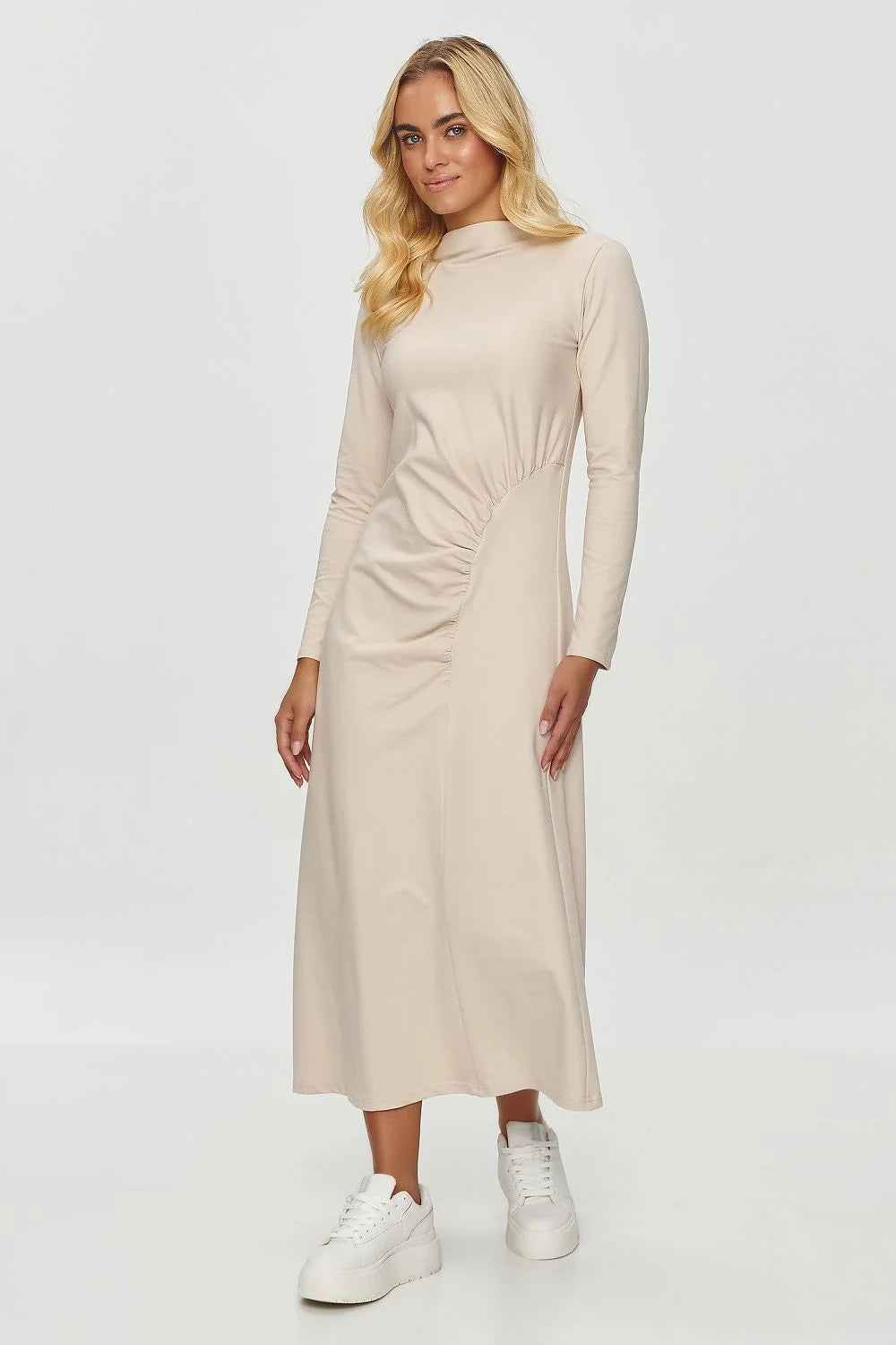Robe de jour élégante beige longueur midi manches longues col rond jersey taille ajustable femme
