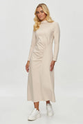 Robe de jour élégante beige longueur midi manches longues col rond jersey taille ajustable femme