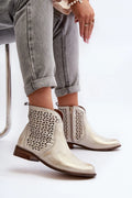 Bottines élégantes pour femmes en cuir naturel doré métallisé, design moderne, tige basse, fermeture éclair latérale, semelle cuir confortable, talon plat