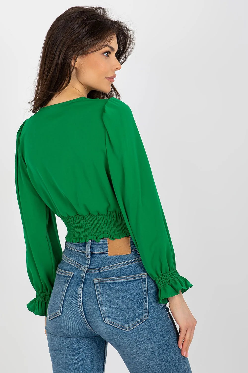 Chemisier moderne élégant coupe crop décolleté V manches longues bouffantes taille élastiquée vert vif polyester finitions soignées femme mode