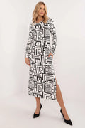 Robe élégante longue pour soirée motif géométrique noir et blanc manches longues ceinture ajustable femme