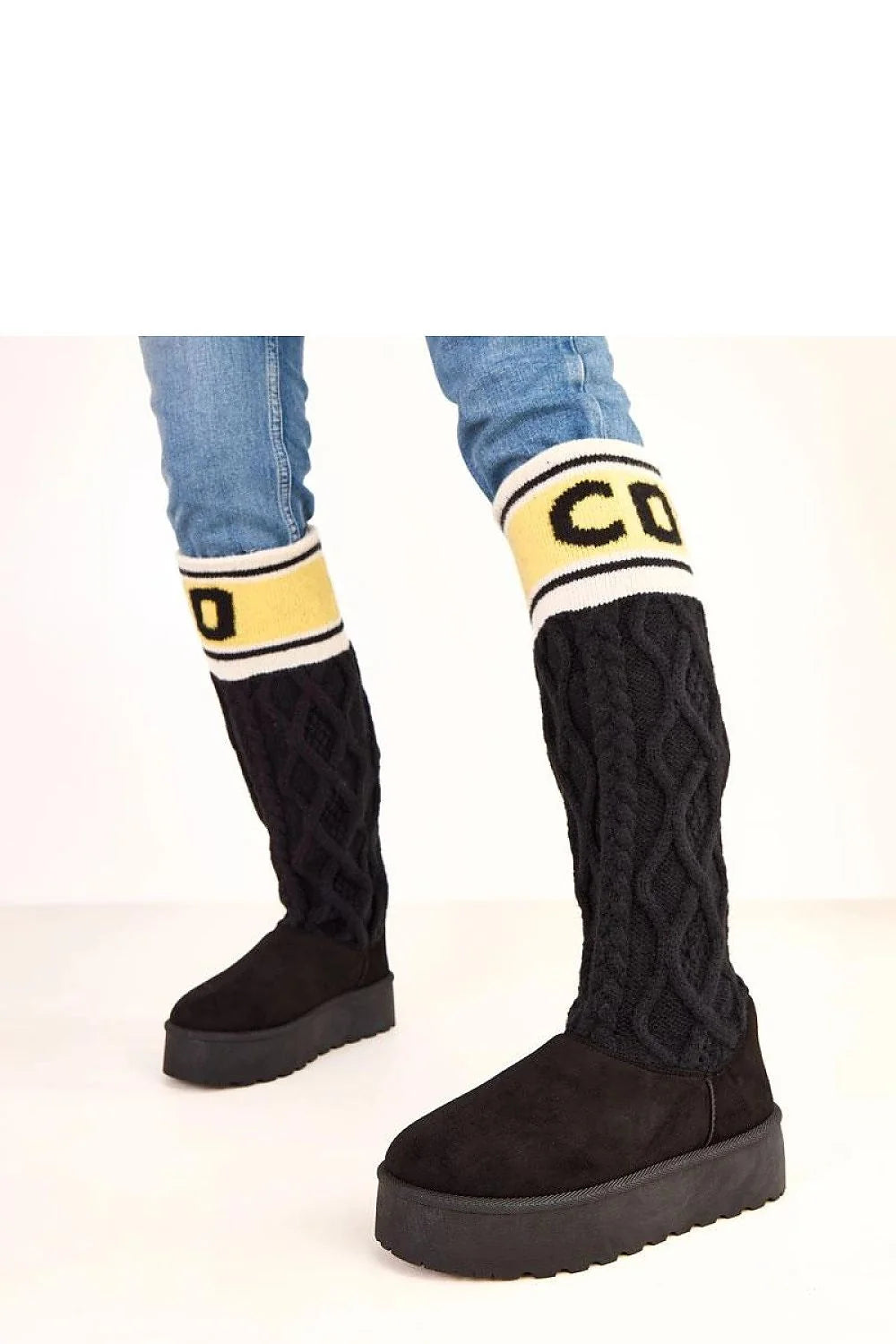 bottes neige femme tige40cm cuir écologique suédine noires maille torsadée bandeécrujaune côtelée boutrond plateforme5cm semellecrantée isolationthermique confortables élégantes