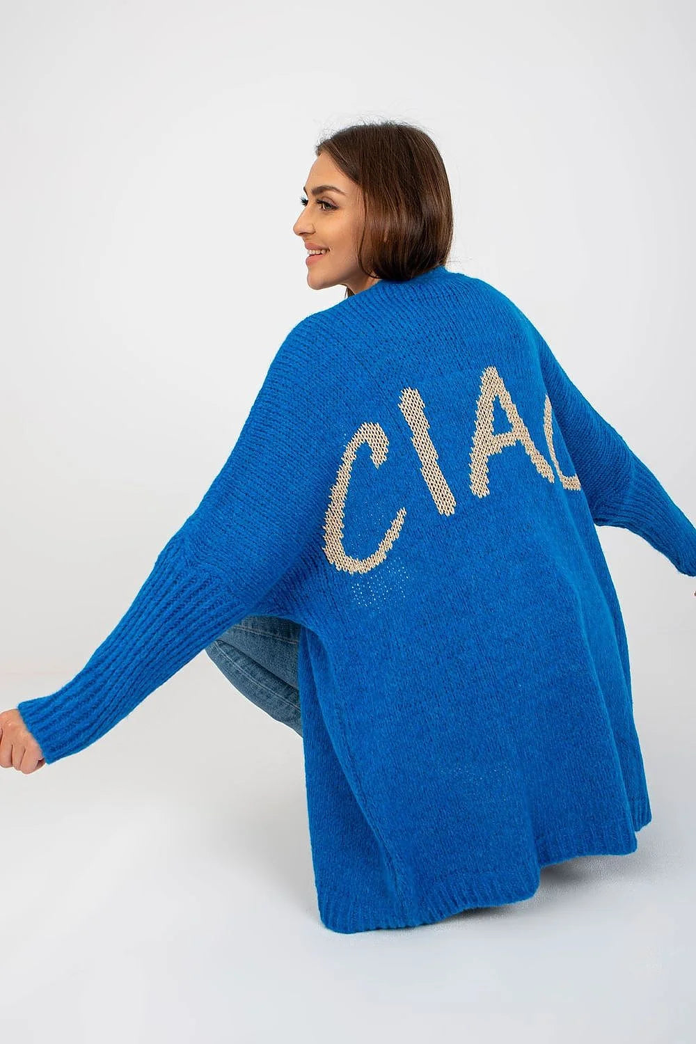 Cardigan Och Bella pull-over femme couleur bleue mot ciao dos modern design décontracté coupe ample matières douces