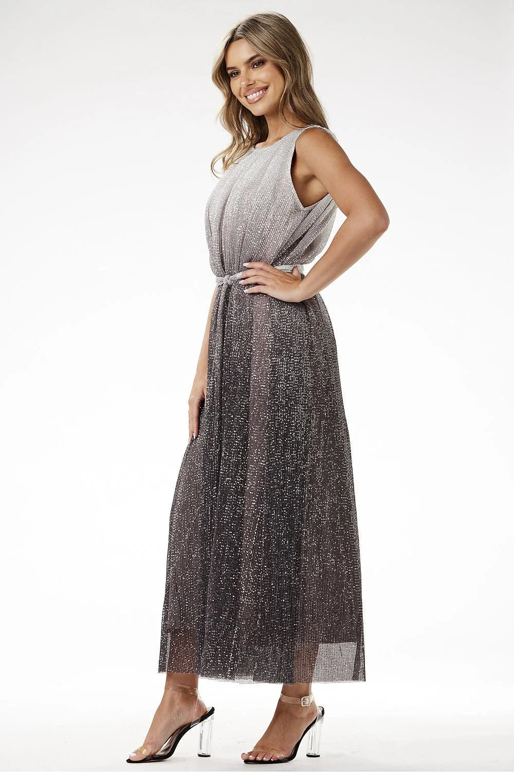 Robe de soirée élégante longue sans manches effet ombre argenté noir tissu synthétique ceinture asymétrique femme occasions spéciales