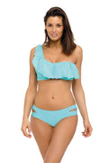 Maillot de bain polyester asymétrique moderne féminin avec volant bleu pour vacances d'été à la plage