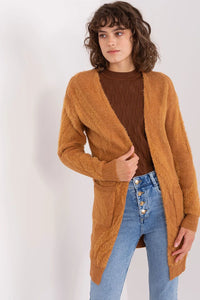 Gilet maille femmes style décontracté long maille douce couleur camel sans fermeture poches plaquées