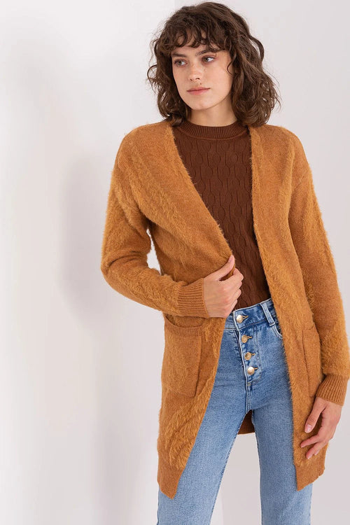 Gilet maille femmes style décontracté long maille douce couleur camel sans fermeture poches plaquées