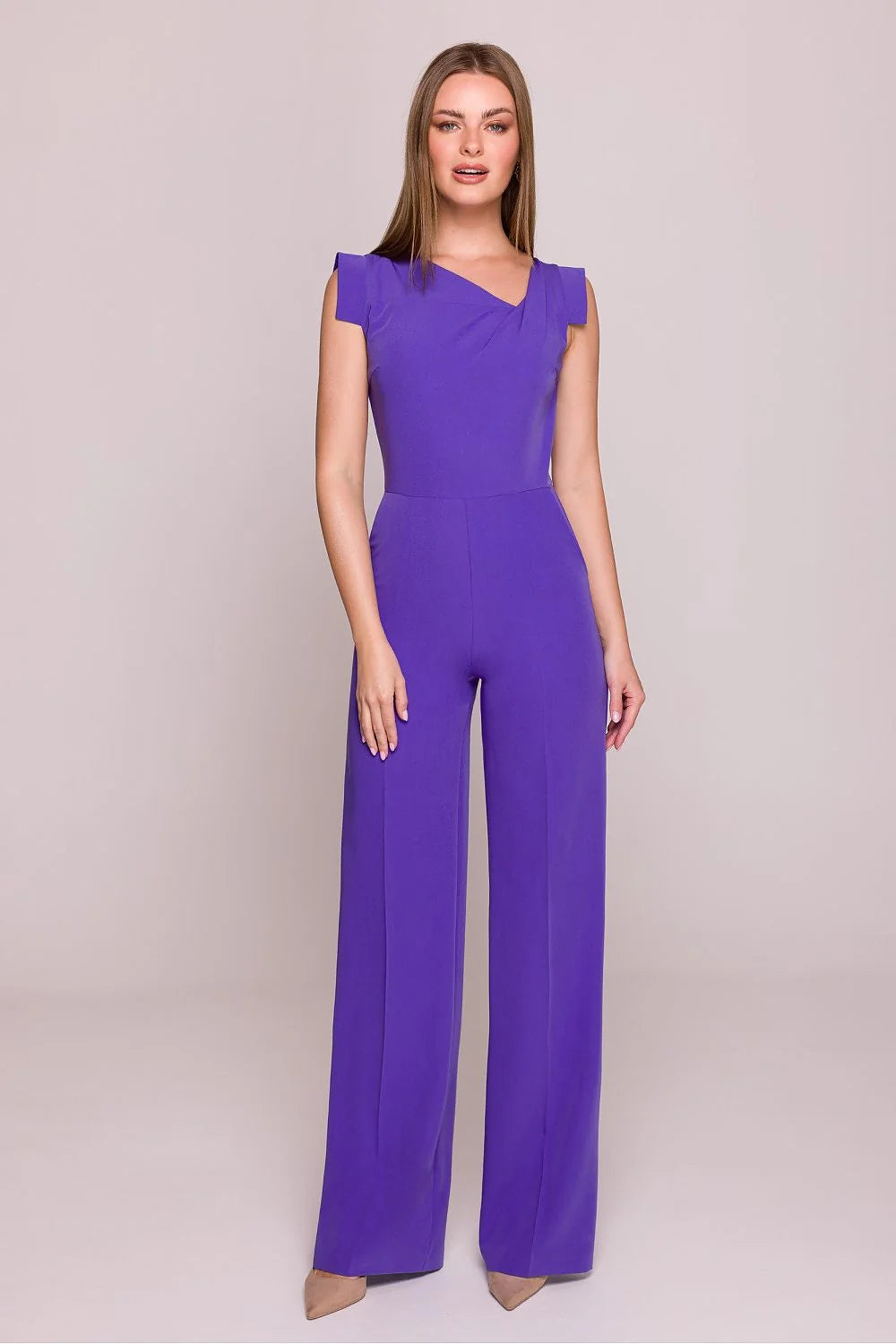 Combinaison pour femme élégante moderne asymétrique violette sans manches taille haute jambes larges occasion形式 soirée gala