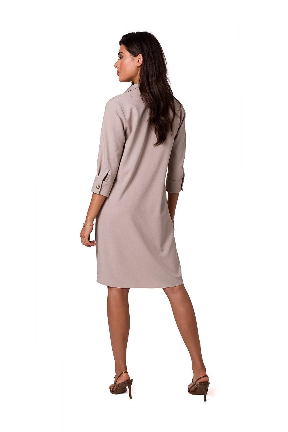 robe chemise BeWear casual chic évasée fluide manches trois quarts rose poudré tissu léger court poches boutonnage col revers intemporelle