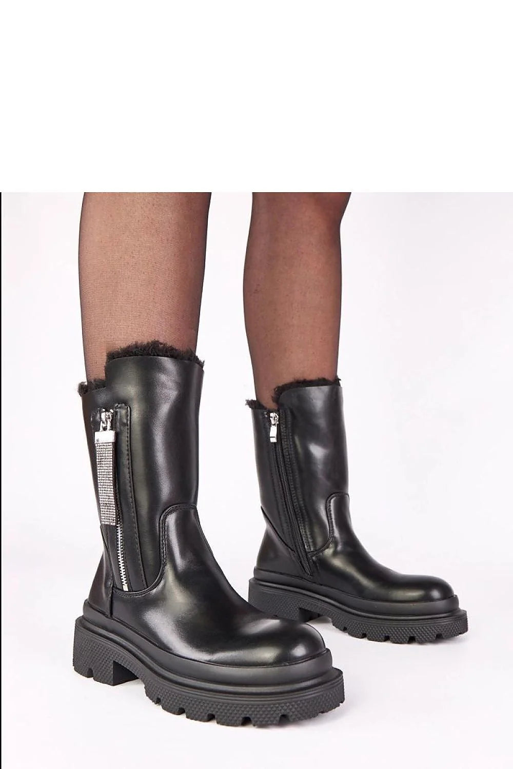 bottines femme cheville cuir écologique noir lisse plateforme 5cm épais semelle crantée bout rond doublure fourrure zircon fermeture éclair latérale