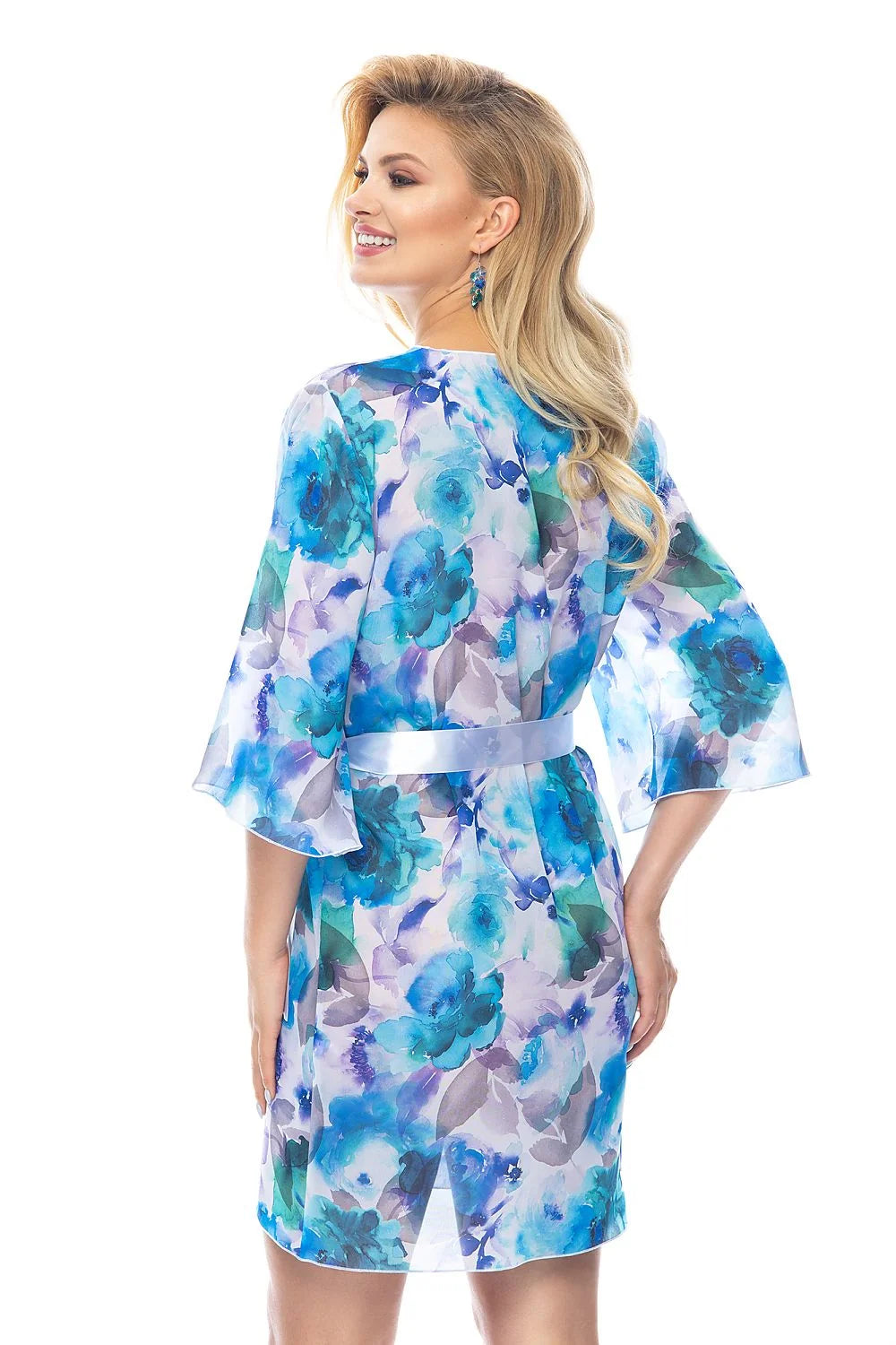Peignoir Irall en mousseline de soie motif floral violet bleu vert - Style kimono élégant pour femme